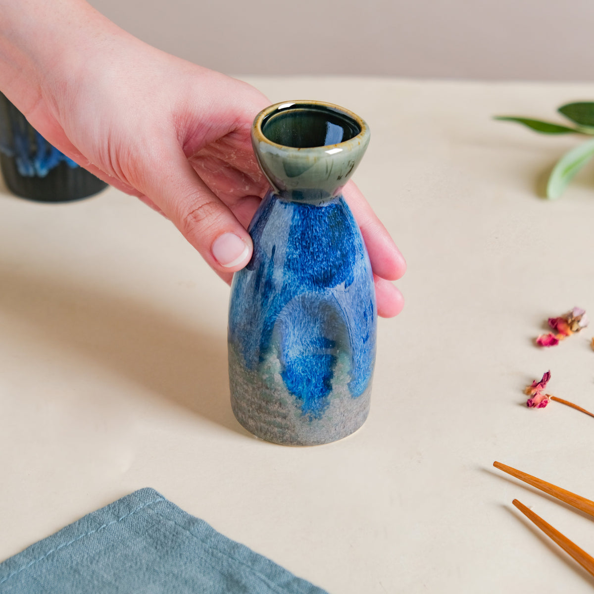 Sapphire Ceramic Stoneware Mini Sake Flask Blue 120 ml Nestasia