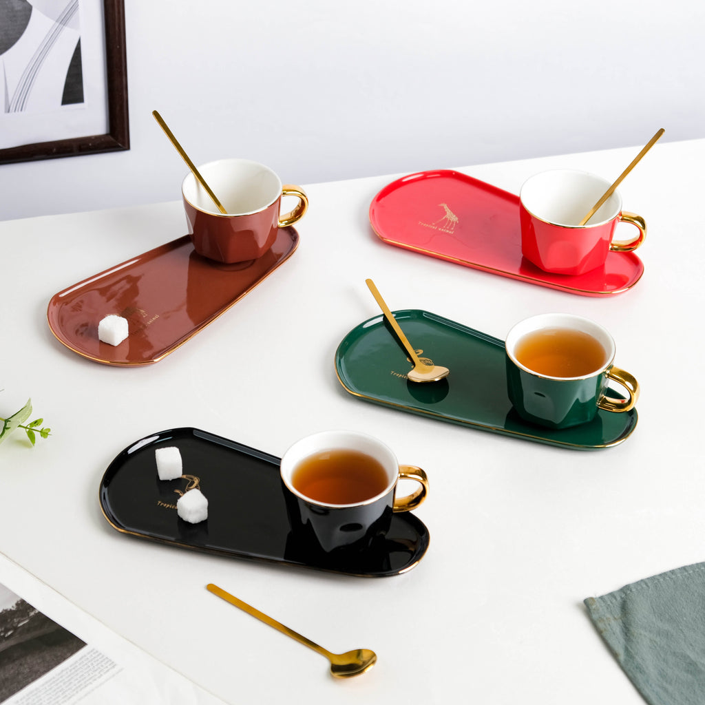 Brewtiful Glazed Ceramic Cup and Tray Set Red 150 ml Nestasia
