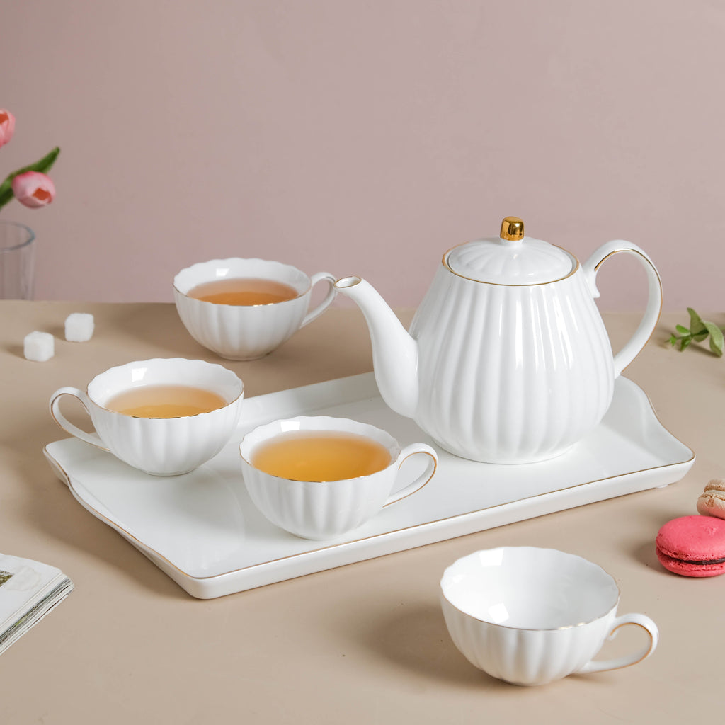 White Truffle Ribbed 1 Litre Teapot With Set of 4 Cups 150 ml Nestasia
