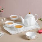 White Truffle Ribbed 1 Litre Teapot With Set of 4 Cups 150 ml Nestasia