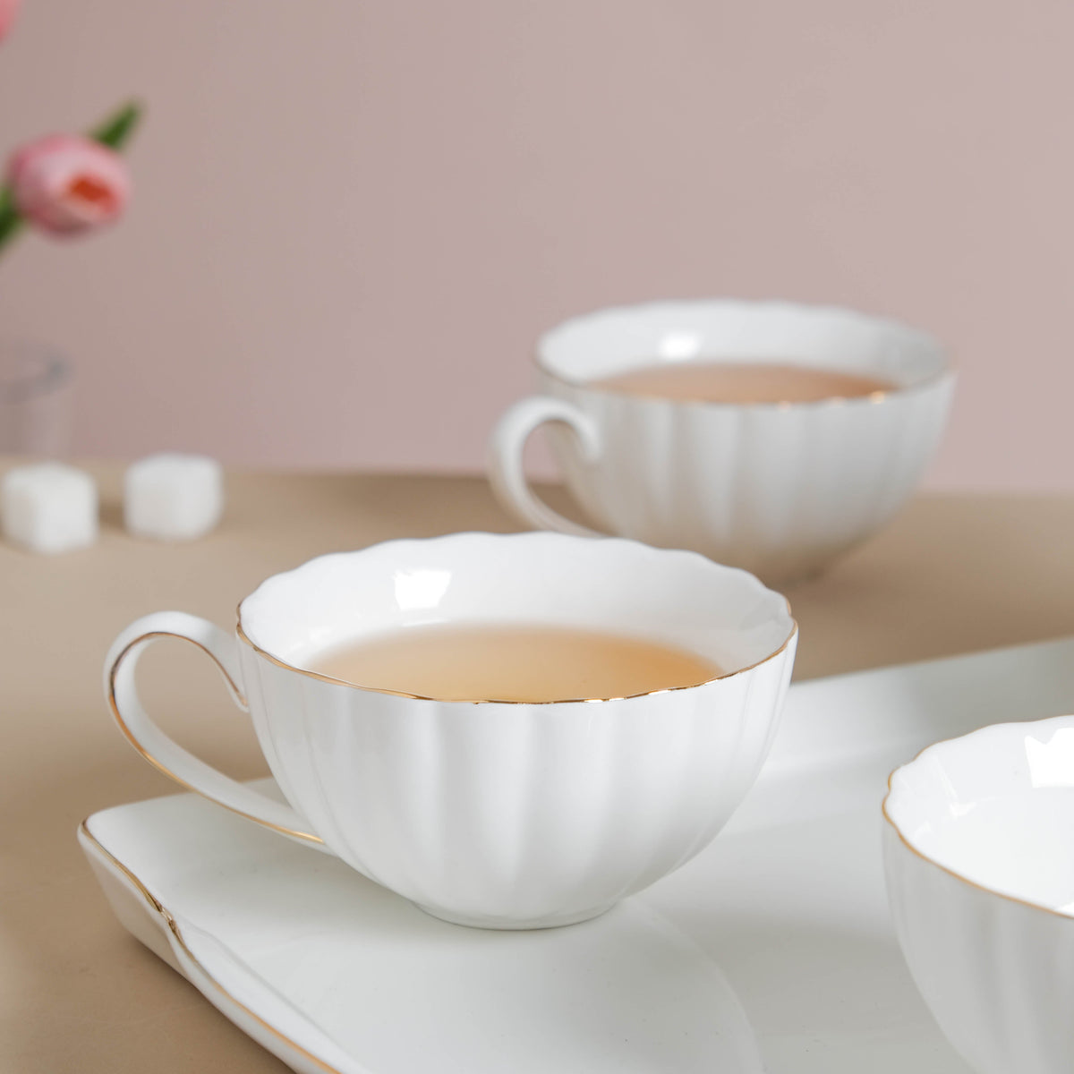 White Truffle Ribbed 1 Litre Teapot With Set of 4 Cups 150 ml Nestasia