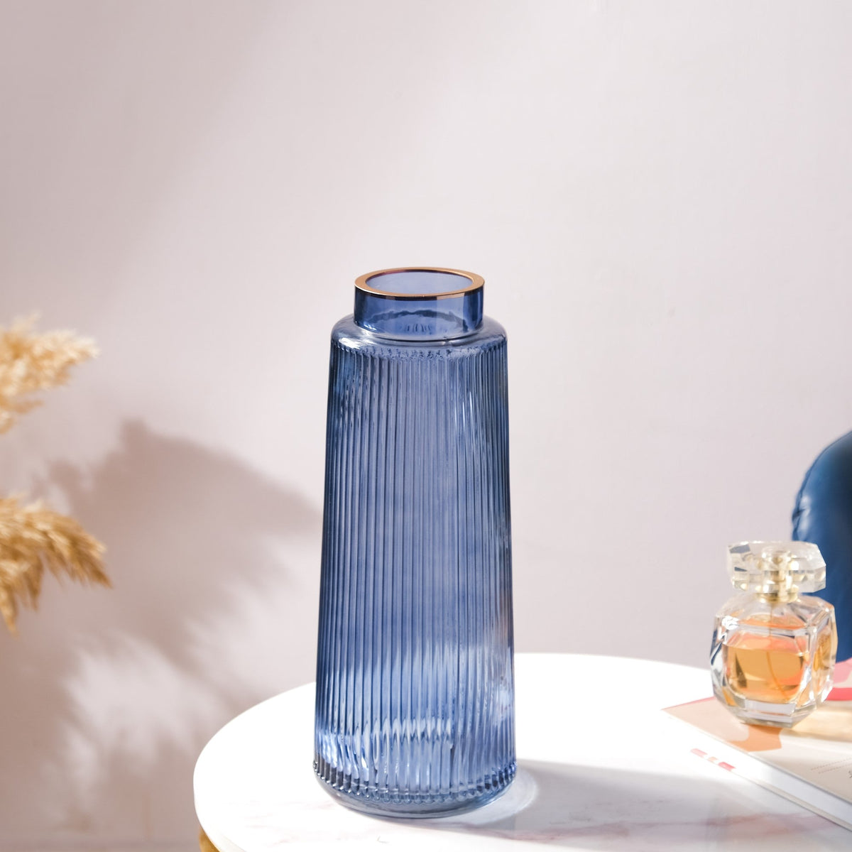Modern Ribbed Bouquet Glass Vase Blue Nestasia