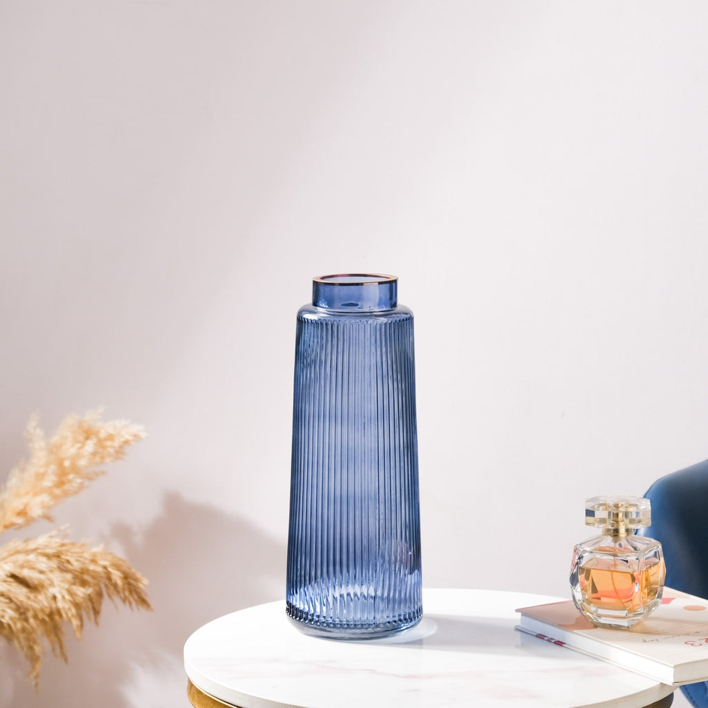 Modern Ribbed Bouquet Glass Vase Blue Nestasia