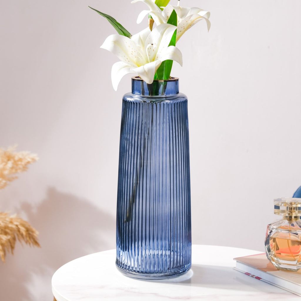 Modern Ribbed Bouquet Glass Vase Blue Nestasia