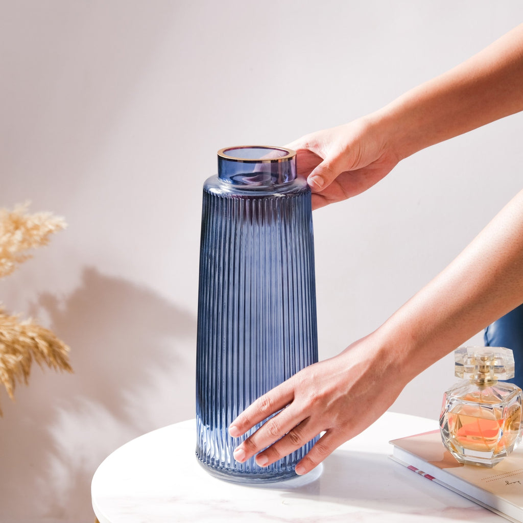 Modern Ribbed Bouquet Glass Vase Blue Nestasia