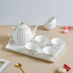 White Truffle Ribbed 1 Litre Teapot With Set Of 6 Cups 150 ml Nestasia