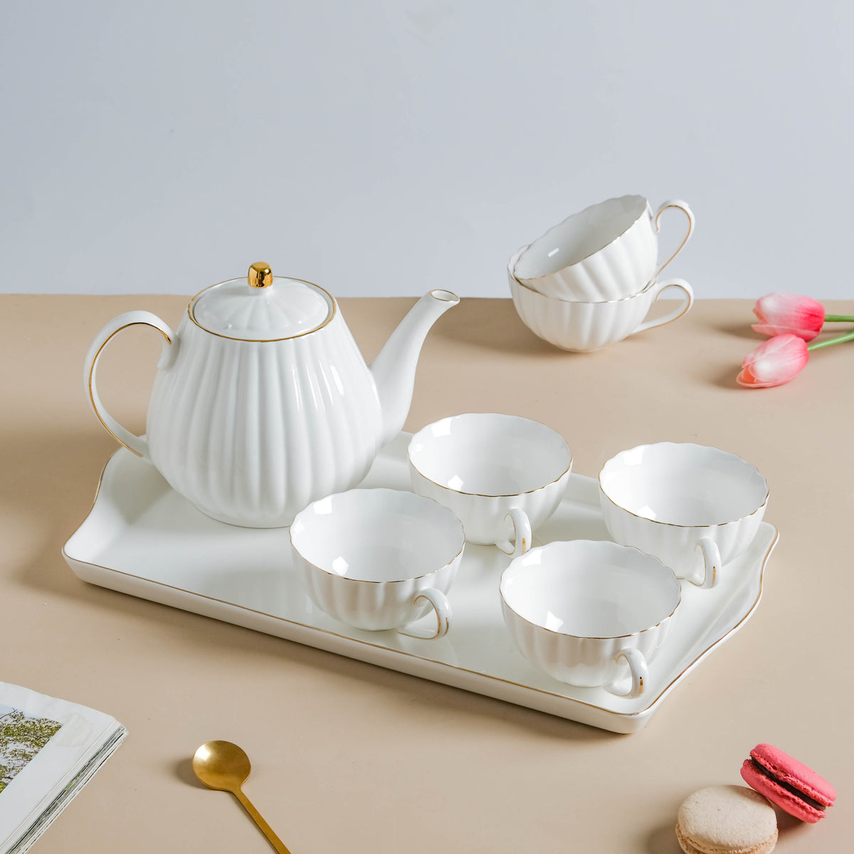 White Truffle Ribbed 1 Litre Teapot With Set Of 6 Cups 150 ml Nestasia