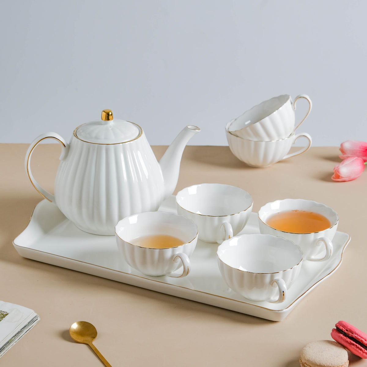White Truffle Ribbed 1 Litre Teapot With Set Of 6 Cups 150 ml Nestasia