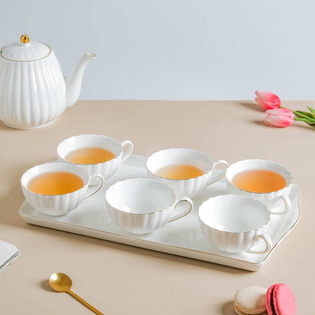 White Truffle Ribbed 1 Litre Teapot With Set Of 6 Cups 150 ml Nestasia