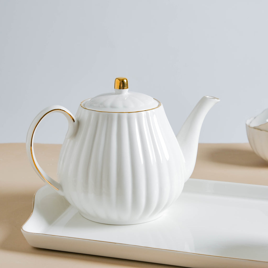 White Truffle Ribbed 1 Litre Teapot With Set Of 6 Cups 150 ml Nestasia