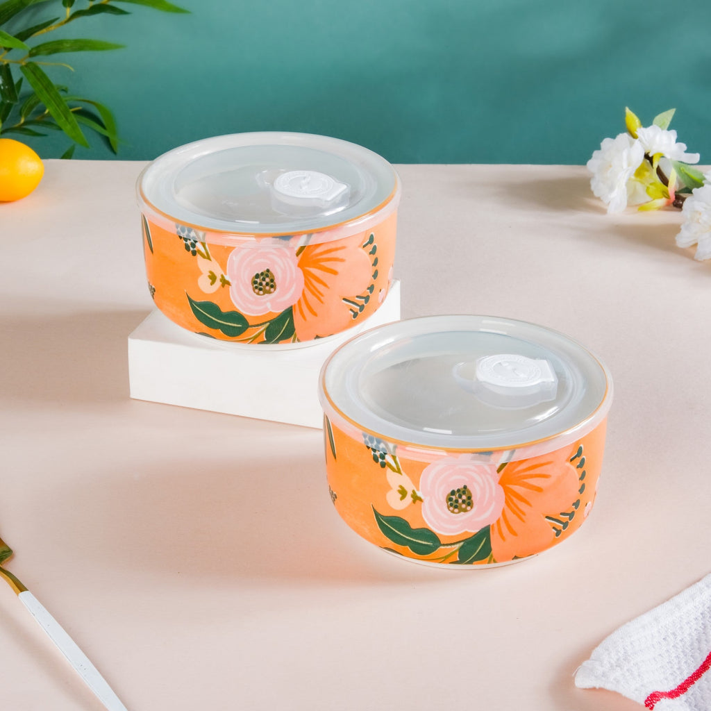 Meadow Muse Ceramic Lunch Box Orange 550 ml Set Of 2 Nestasia