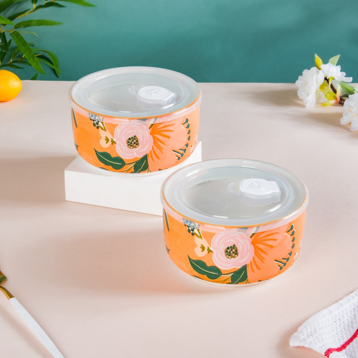 Meadow Muse Ceramic Lunch Box Orange 550 ml Set Of 2 Nestasia
