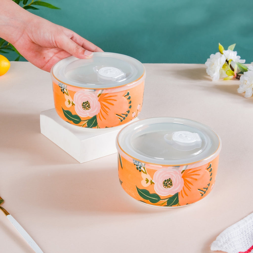 Meadow Muse Ceramic Lunch Box Orange 550 ml Set Of 2 Nestasia