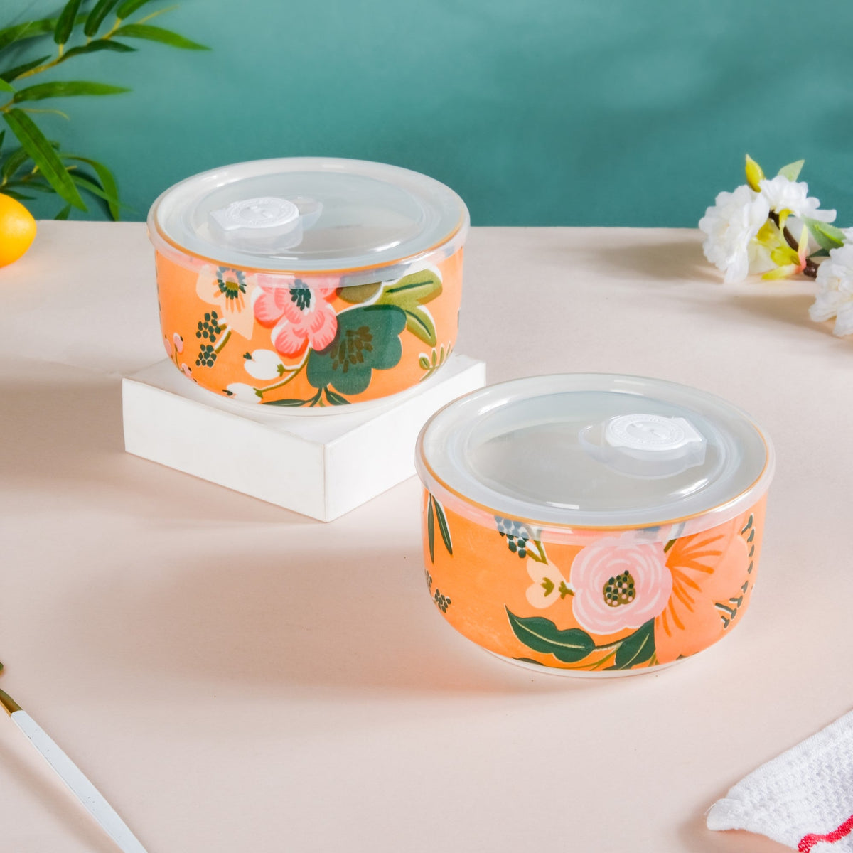 Meadow Muse Ceramic Lunch Box Orange 550 ml Set Of 2 Nestasia