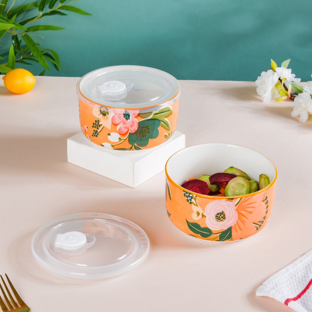 Meadow Muse Ceramic Lunch Box Orange 550 ml Set Of 2 Nestasia