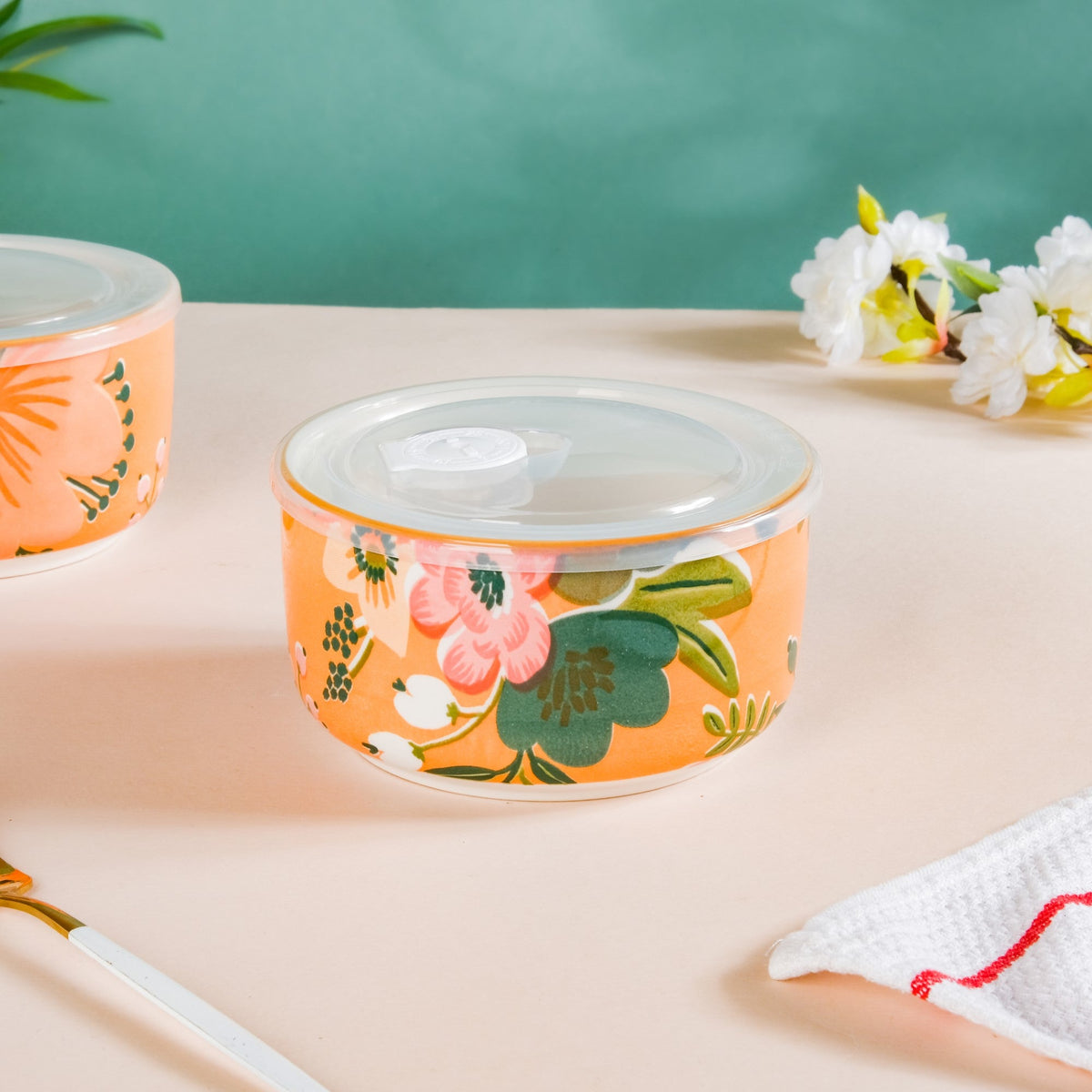 Meadow Muse Ceramic Lunch Box Orange 550 ml Set Of 2 Nestasia