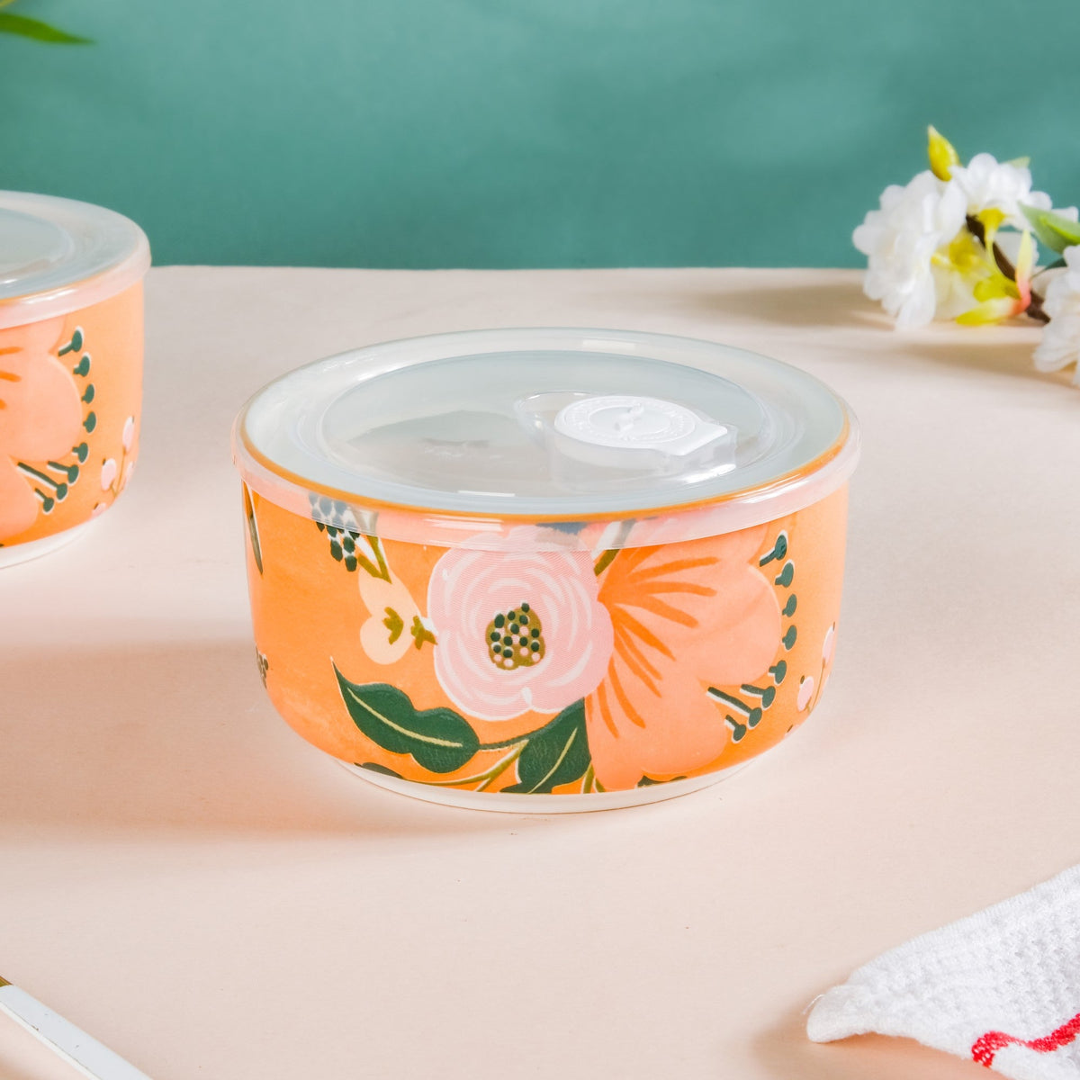 Meadow Muse Ceramic Lunch Box Orange 550 ml Set Of 2 Nestasia