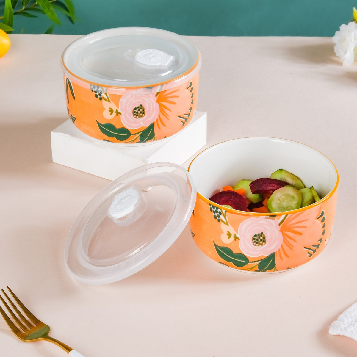 Meadow Muse Ceramic Lunch Box Orange 550 ml Set Of 2 Nestasia