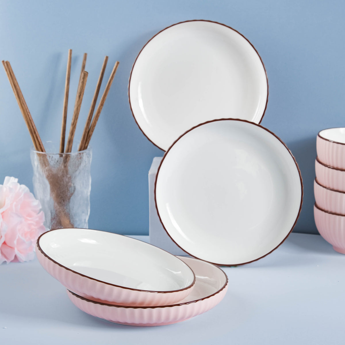 Pink Blossom 18 Piece Pasta Set For 4 Nestasia