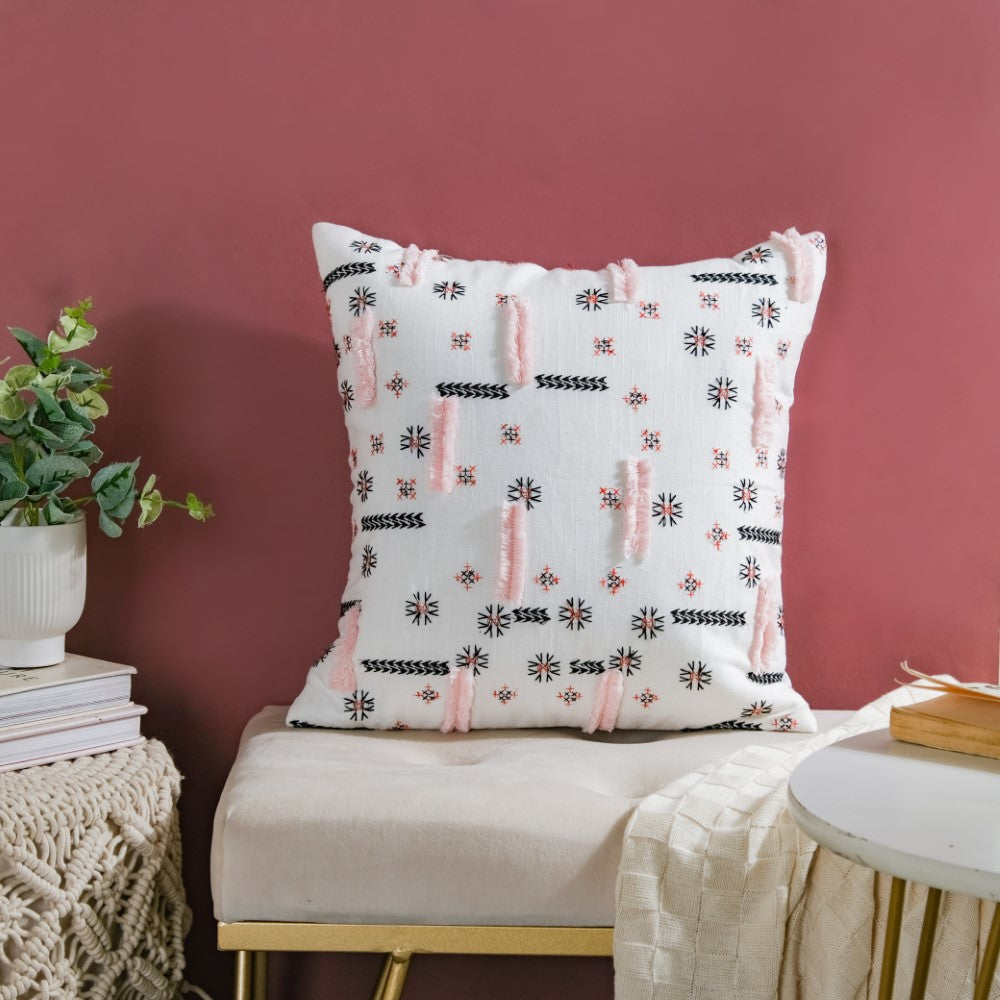 Geometric Embroidered Cotton Cushion Cover 16 inch Nestasia