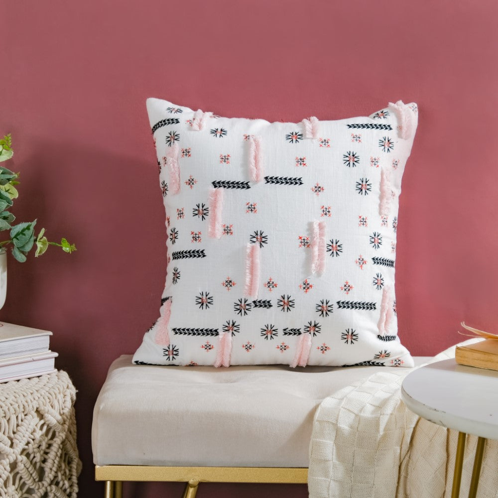 Geometric Embroidered Cotton Cushion Cover 16 inch Nestasia