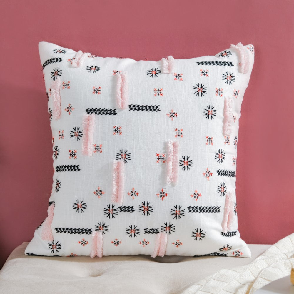 Geometric Embroidered Cotton Cushion Cover 16 inch Nestasia