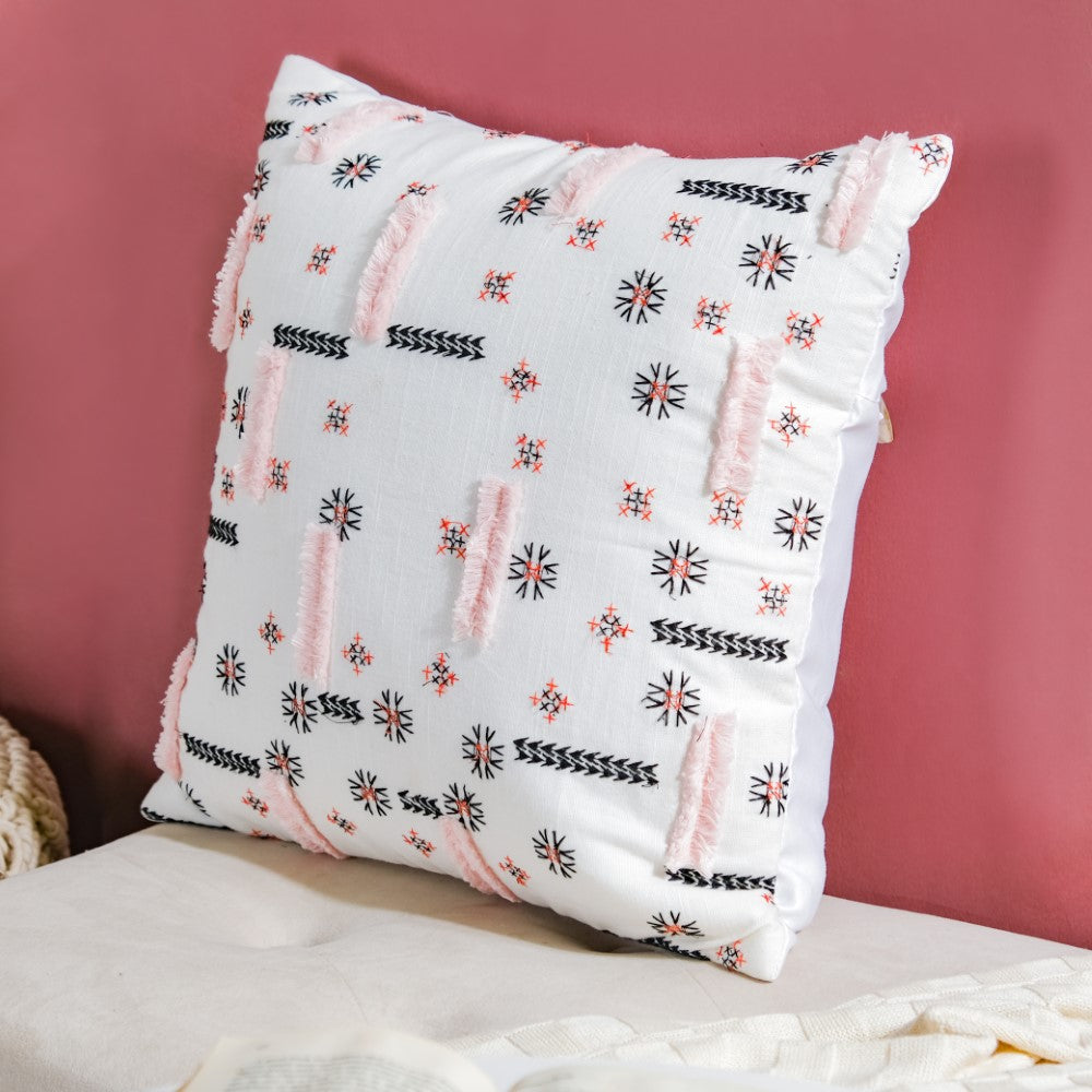 Geometric Embroidered Cotton Cushion Cover 16 inch Nestasia