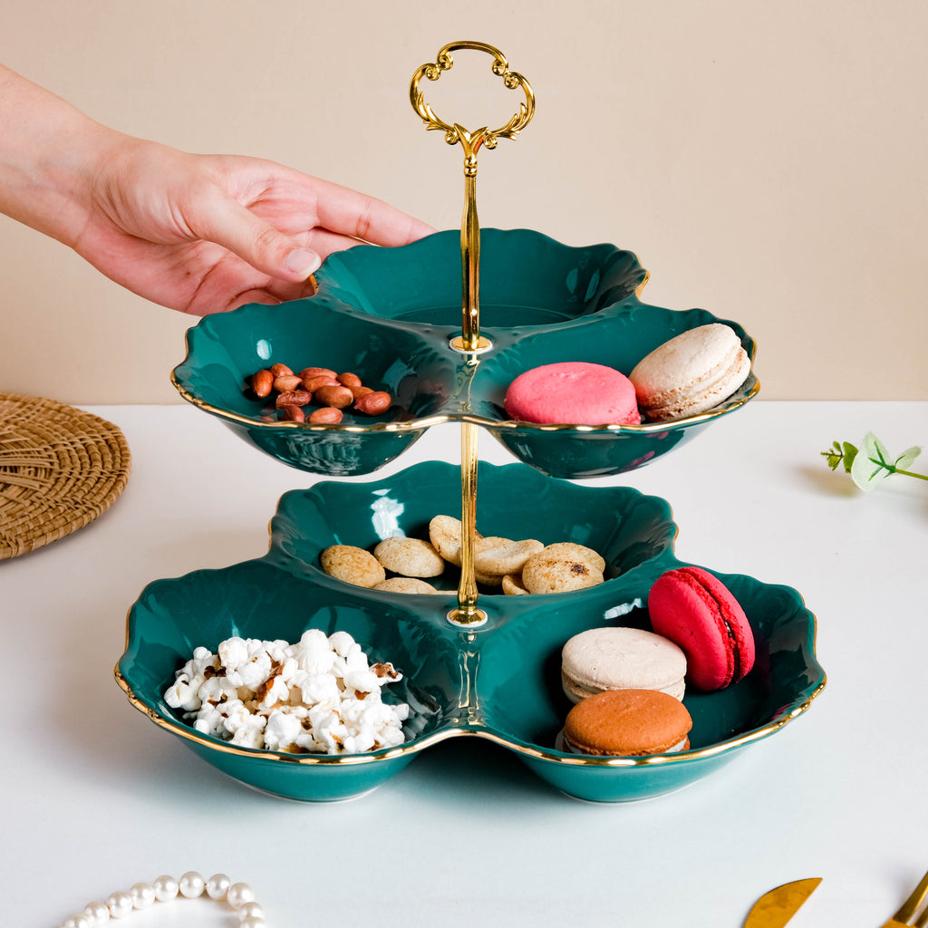 Dessert O' Clock Emerald Two Tier Golden Platter Nestasia