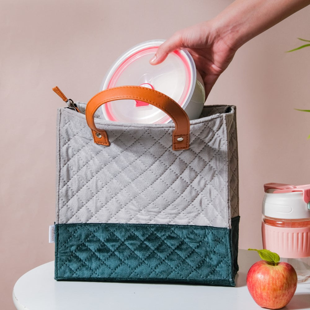 Luxe Velvet Lunch Bag Grey And Green Nestasia