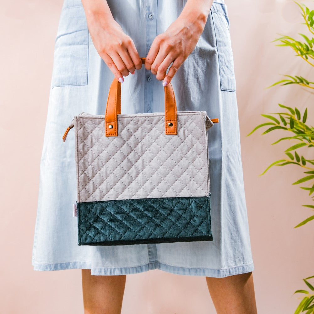 Luxe Velvet Lunch Bag Grey And Green Nestasia