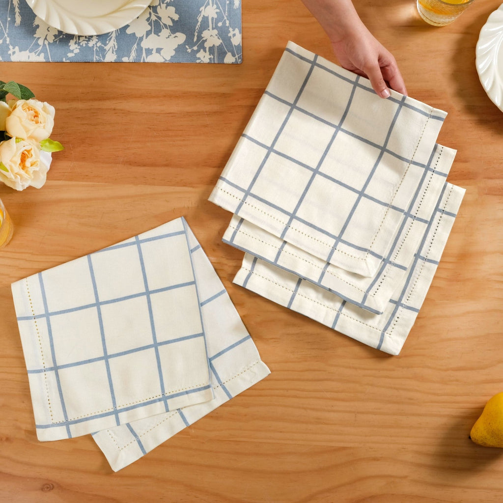 Slate Blue Grid Pure Cotton Table Napkin Set Of 4 Nestasia