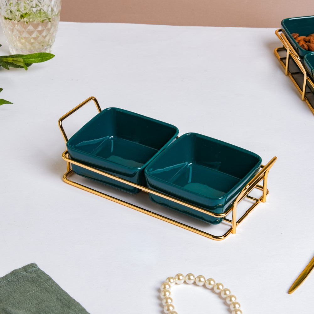 Green Glossy Ceramic Bowls And Tray Set Of 3 200ml Nestasia