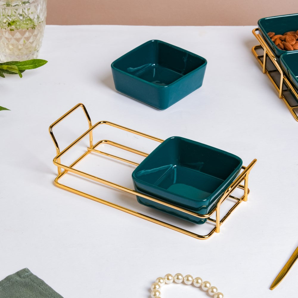Green Glossy Ceramic Bowls And Tray Set Of 3 200ml Nestasia