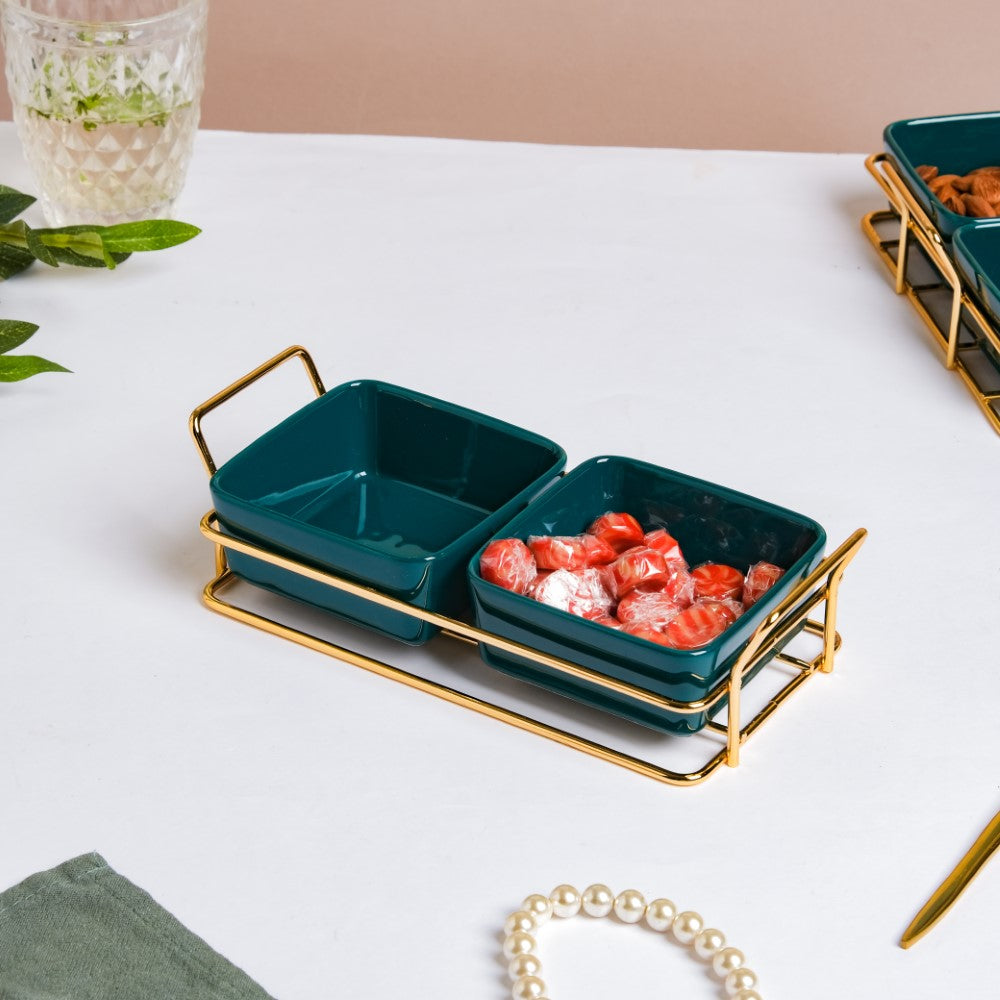 Green Glossy Ceramic Bowls And Tray Set Of 3 200ml Nestasia