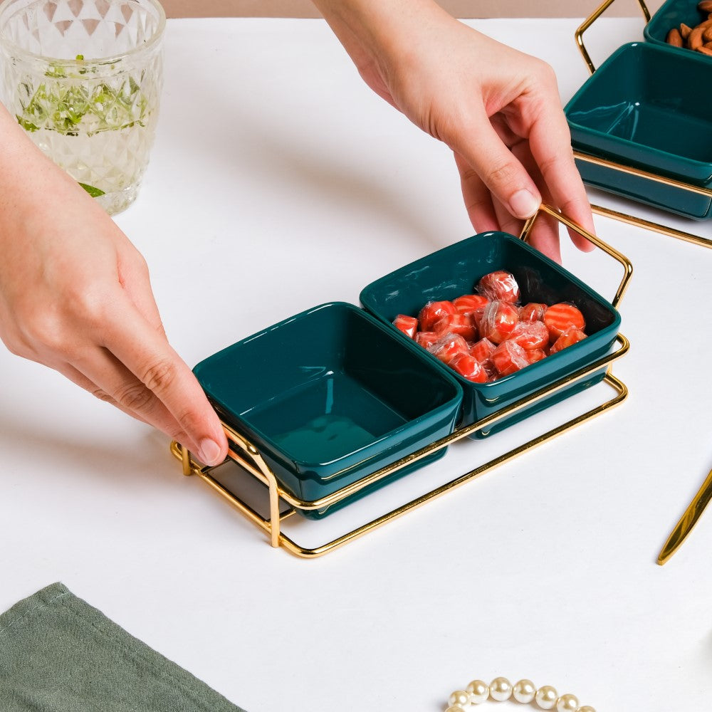 Green Glossy Ceramic Bowls And Tray Set Of 3 200ml Nestasia
