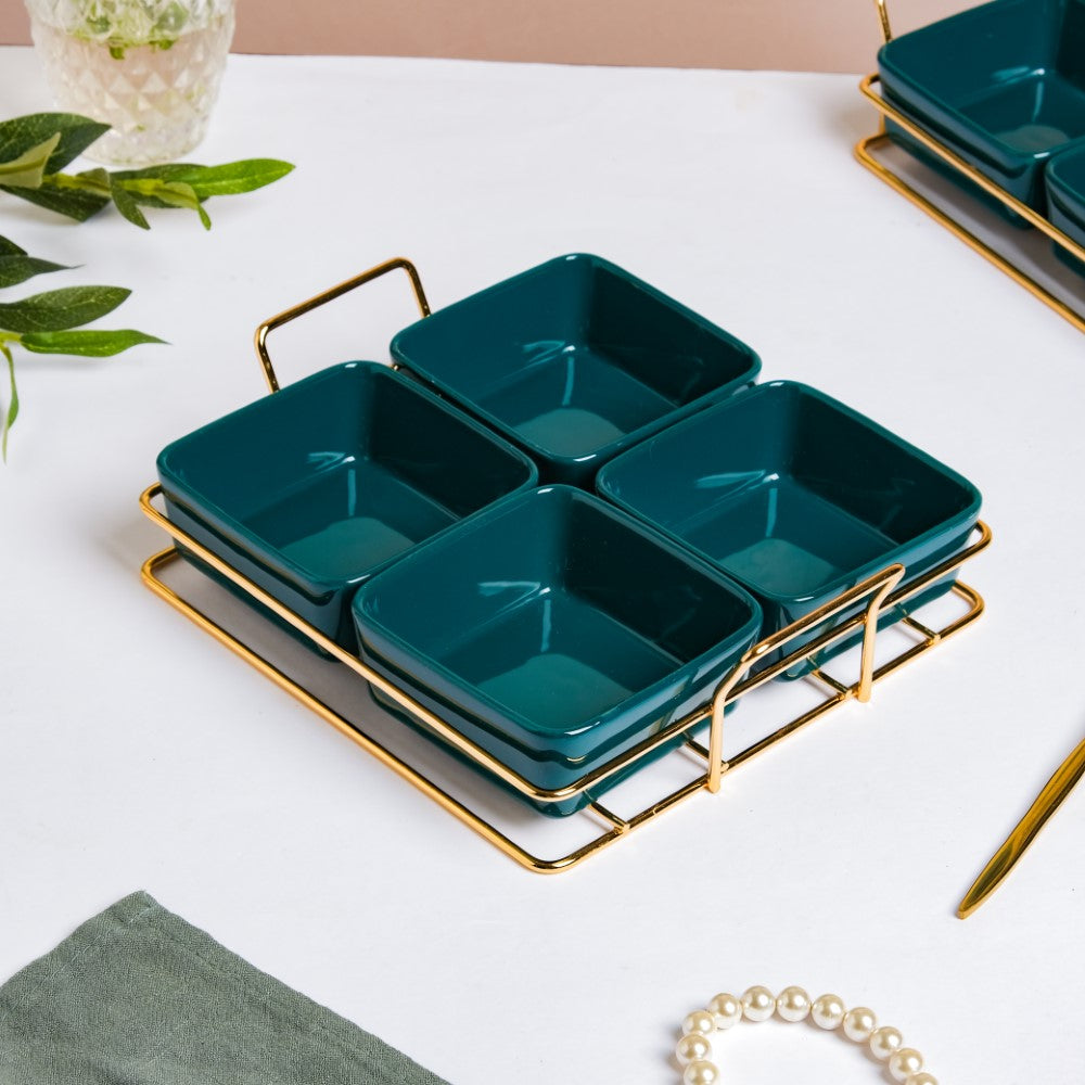 Pine Green Glossy Ceramic Bowls And Tray Set Of 5 200ml Nestasia