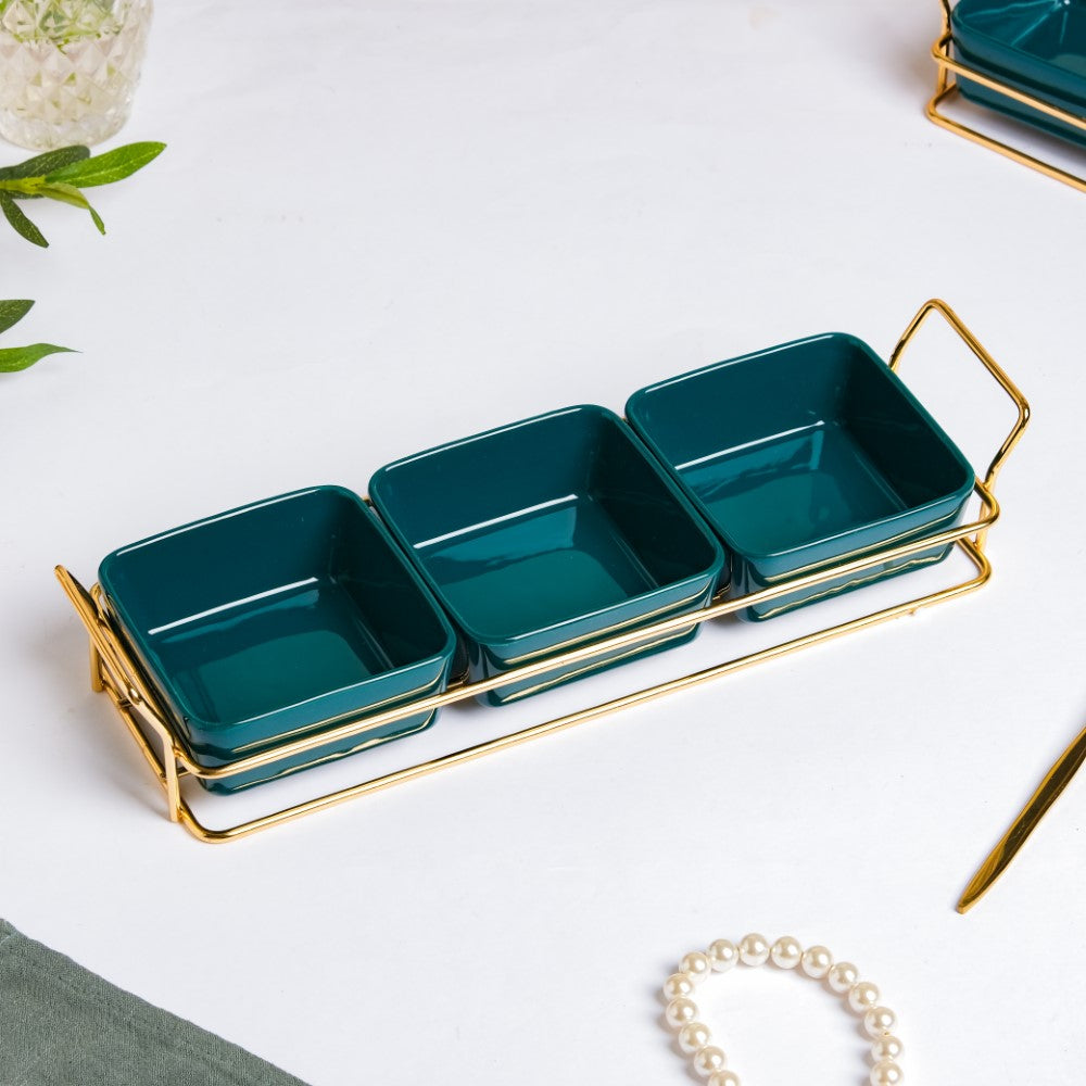 Pine Green Glossy Ceramic Bowls And Tray Set Of 4 200ml Nestasia