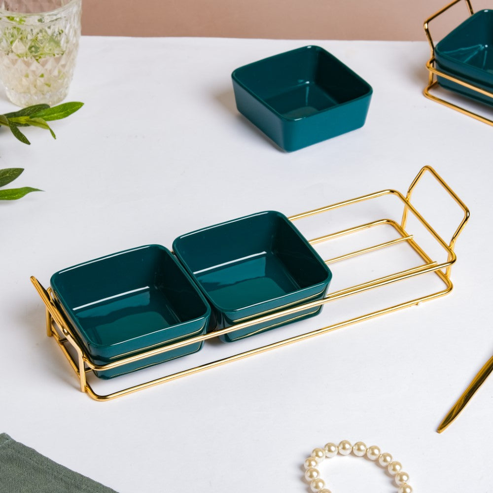 Pine Green Glossy Ceramic Bowls And Tray Set Of 4 200ml Nestasia