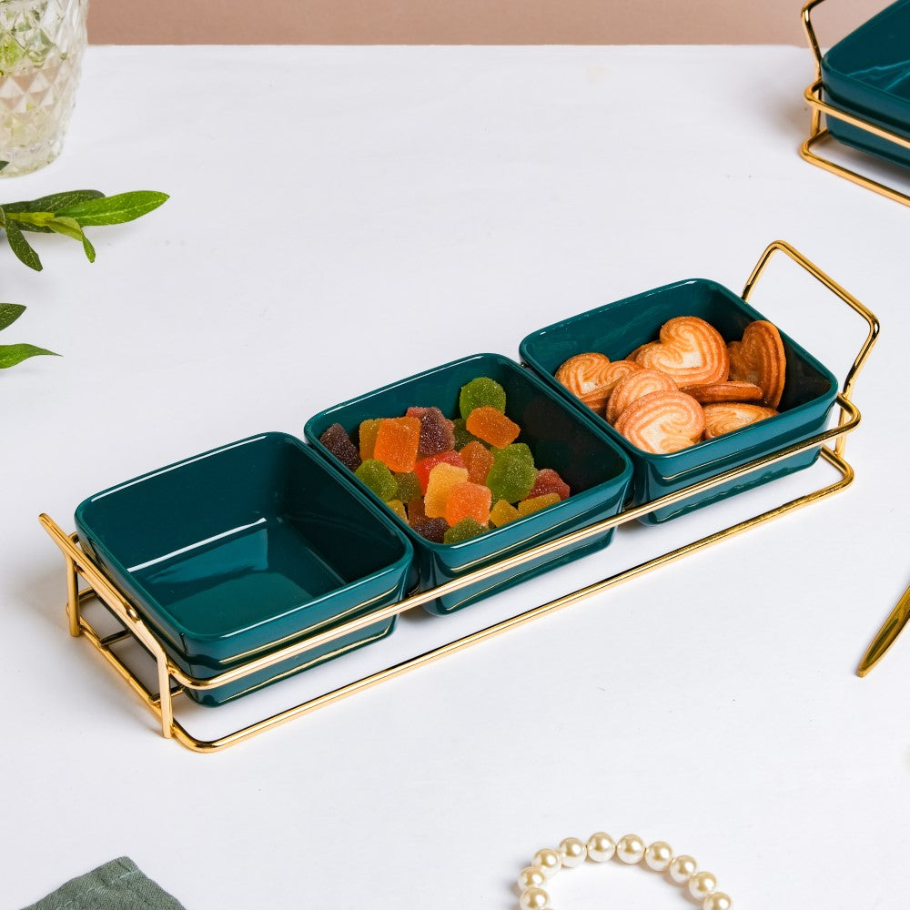 Pine Green Glossy Ceramic Bowls And Tray Set Of 4 200ml Nestasia
