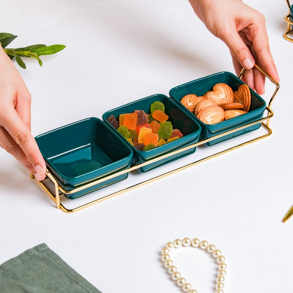 Pine Green Glossy Ceramic Bowls And Tray Set Of 4 200ml Nestasia