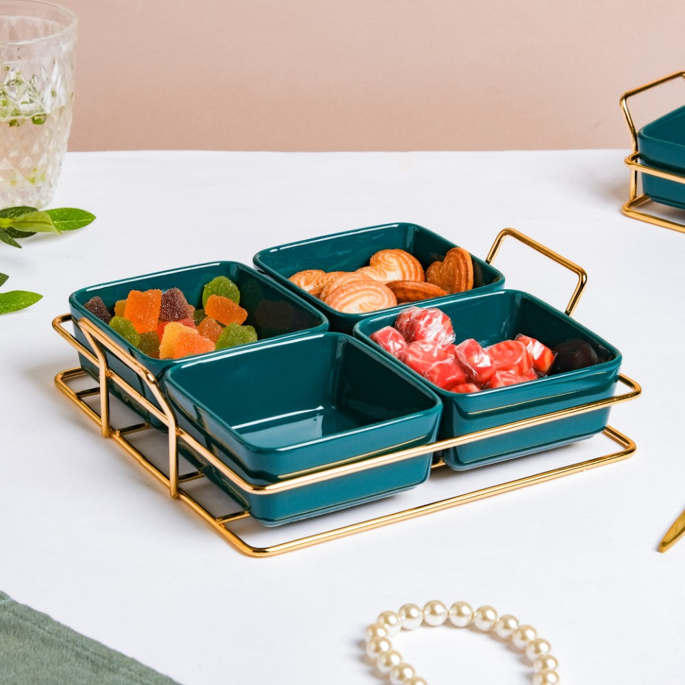 Pine Green Glossy Ceramic Bowls And Tray Set Of 5 200ml Nestasia