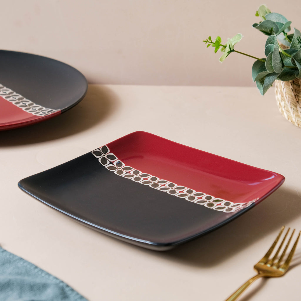 Carmine Red and Black Square Plate 8 Inch Nestasia