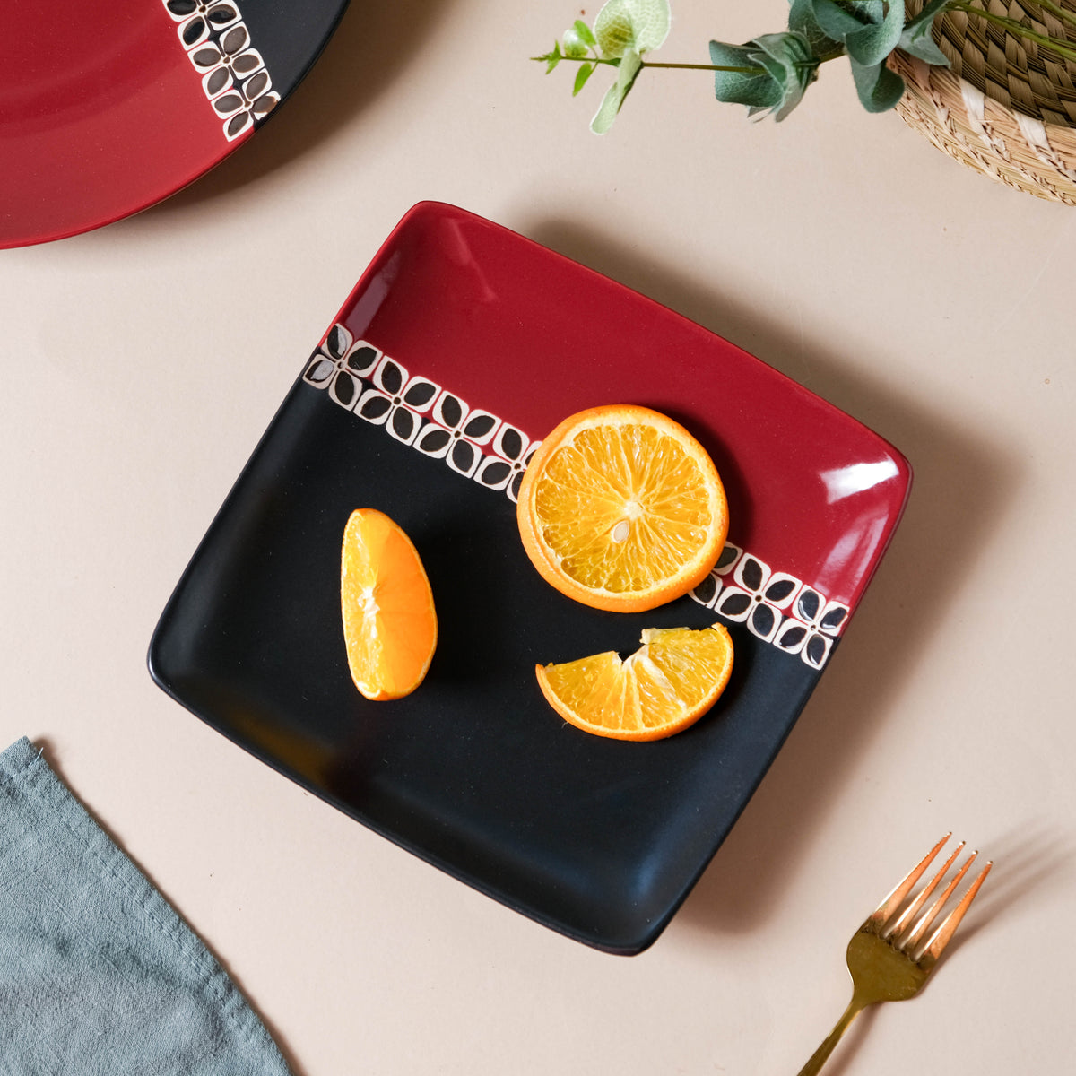 Carmine Red and Black Square Plate 8 Inch Nestasia
