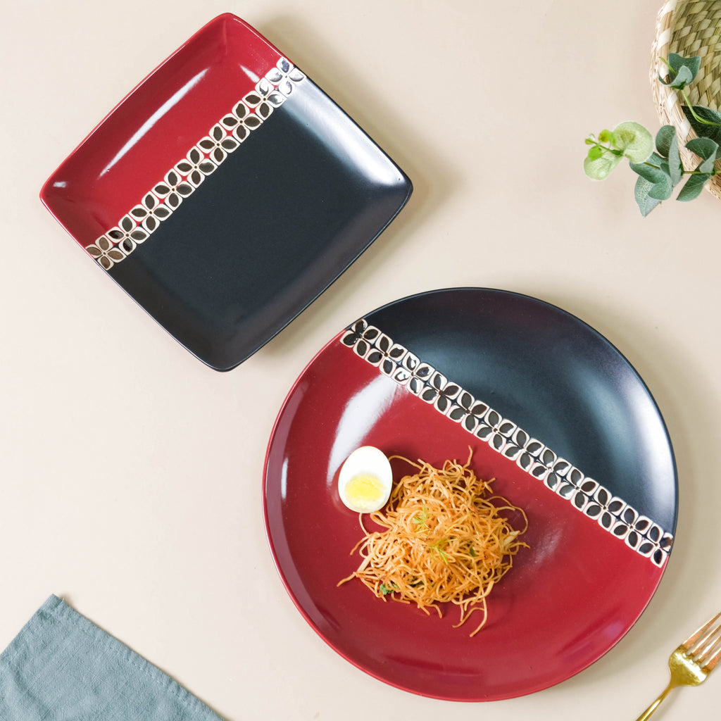 Carmine Red and Black Square Plate 8 Inch Nestasia