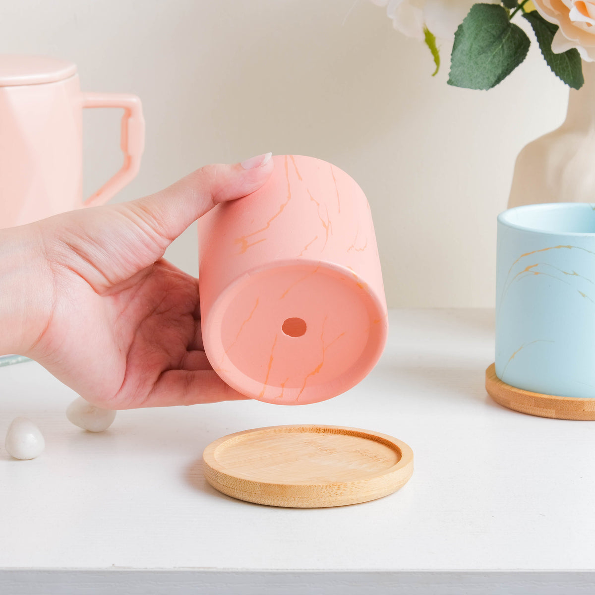 Fuzzy Peach Planter With Coaster Nestasia