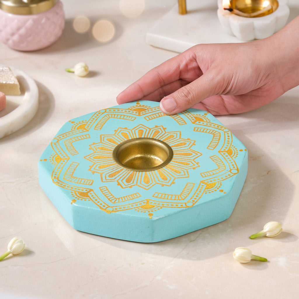 Handpainted Lumia Tealight Holder With Tealight Mint Nestasia