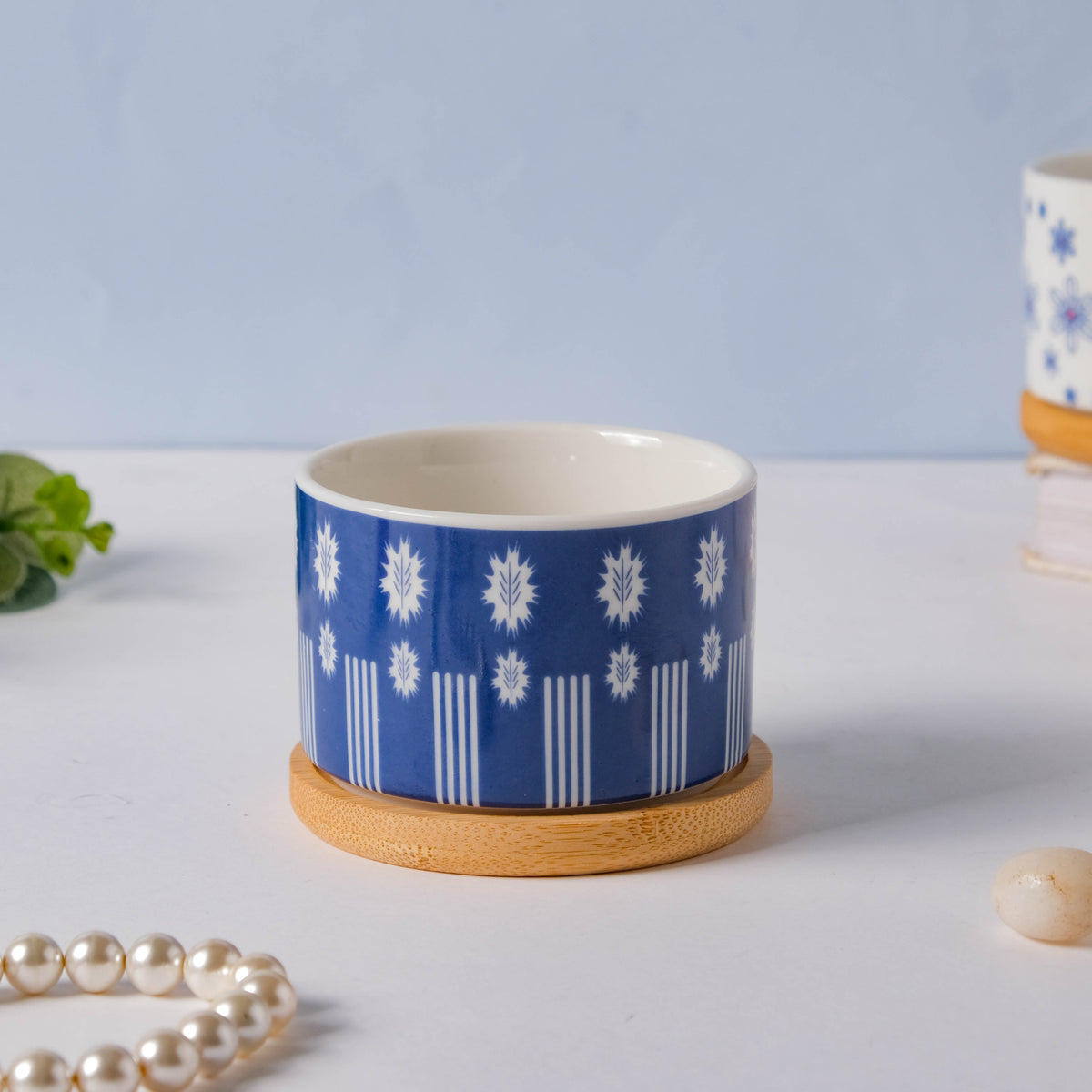 Blue Leaf Japanese Planter And Wooden Coaster Nestasia