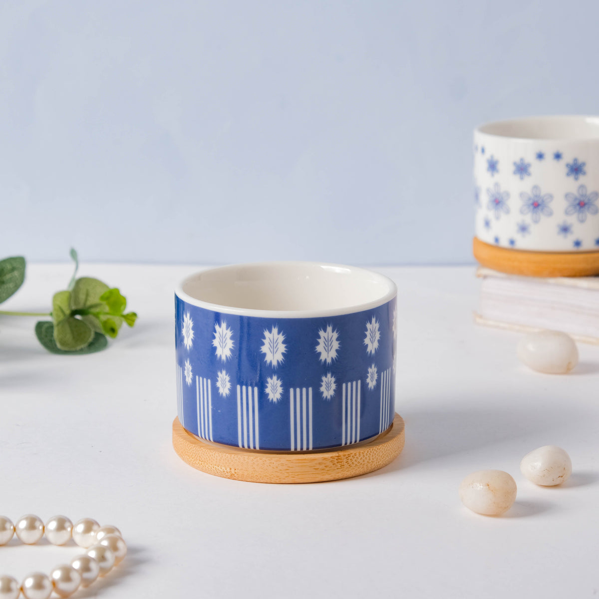 Blue Leaf Japanese Planter And Wooden Coaster Nestasia