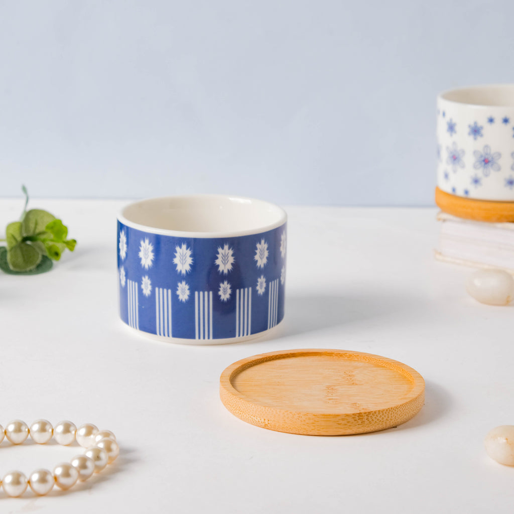 Blue Leaf Japanese Planter And Wooden Coaster Nestasia