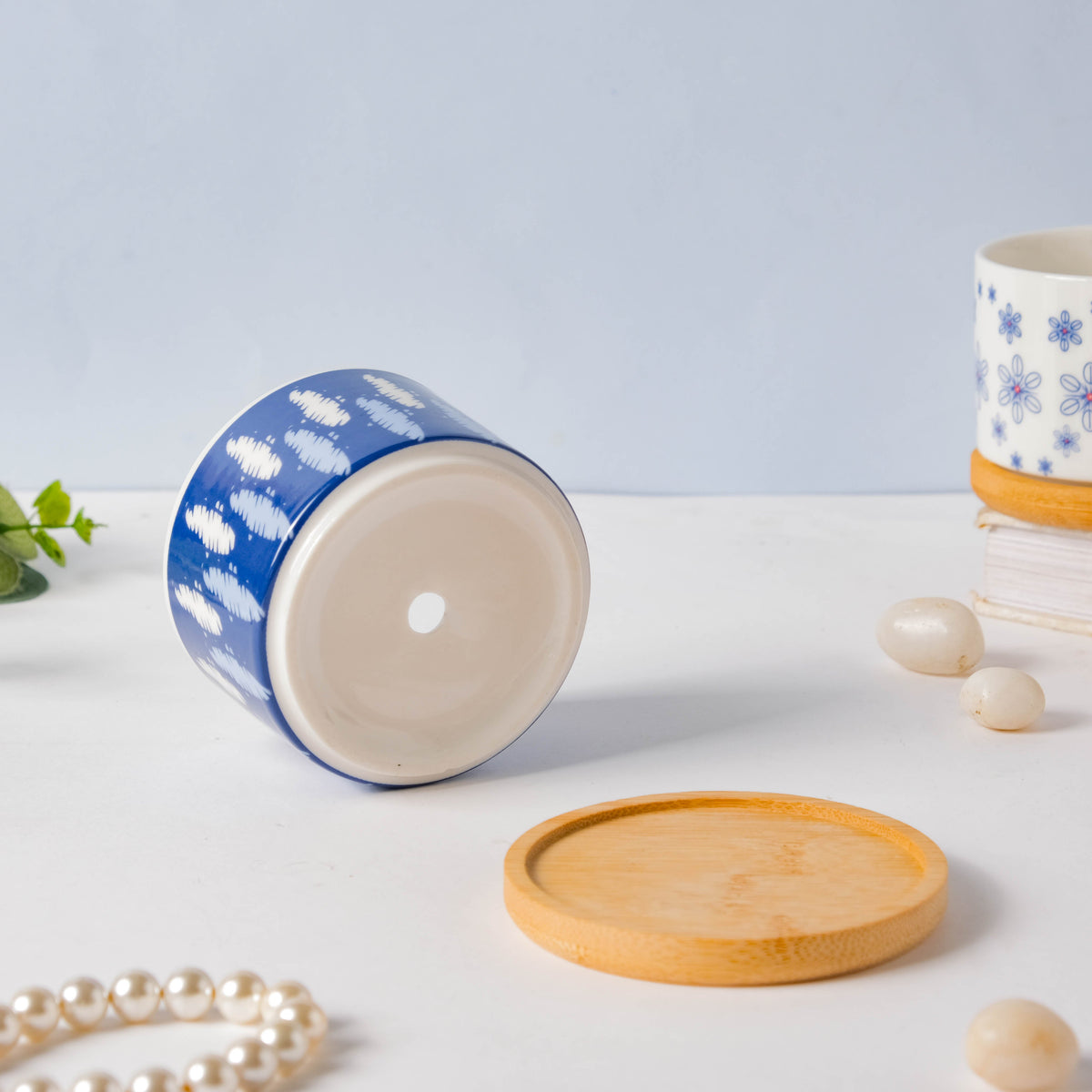 Blue Abstract Japanese Planter And Wooden Coaster Nestasia